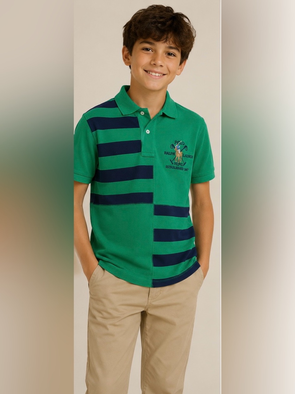 Ralph Lauren Green Polo with Navy Stripes and Embroidered Logo
